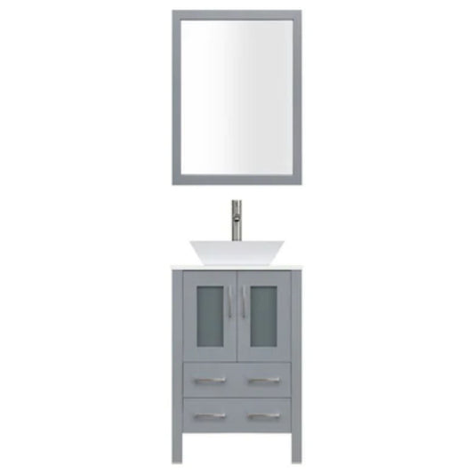 LessCare 24" Gray Modern Vanity Sink Base with Mirror and Vessel Sink
