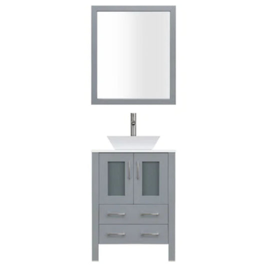 LessCare 30" Gray Modern Vanity Sink Base with Mirror and Vessel Sink