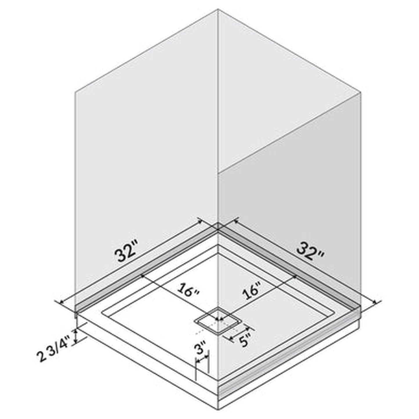 LessCare 32" x 32" Left Double Threshold Shower Pan Base Wall Corner Center Drain