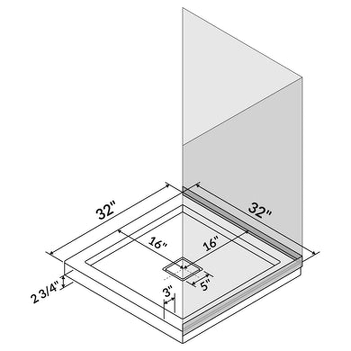 LessCare 32" x 32" Left Double Threshold Shower Pan Base Wall Corner Center Drain