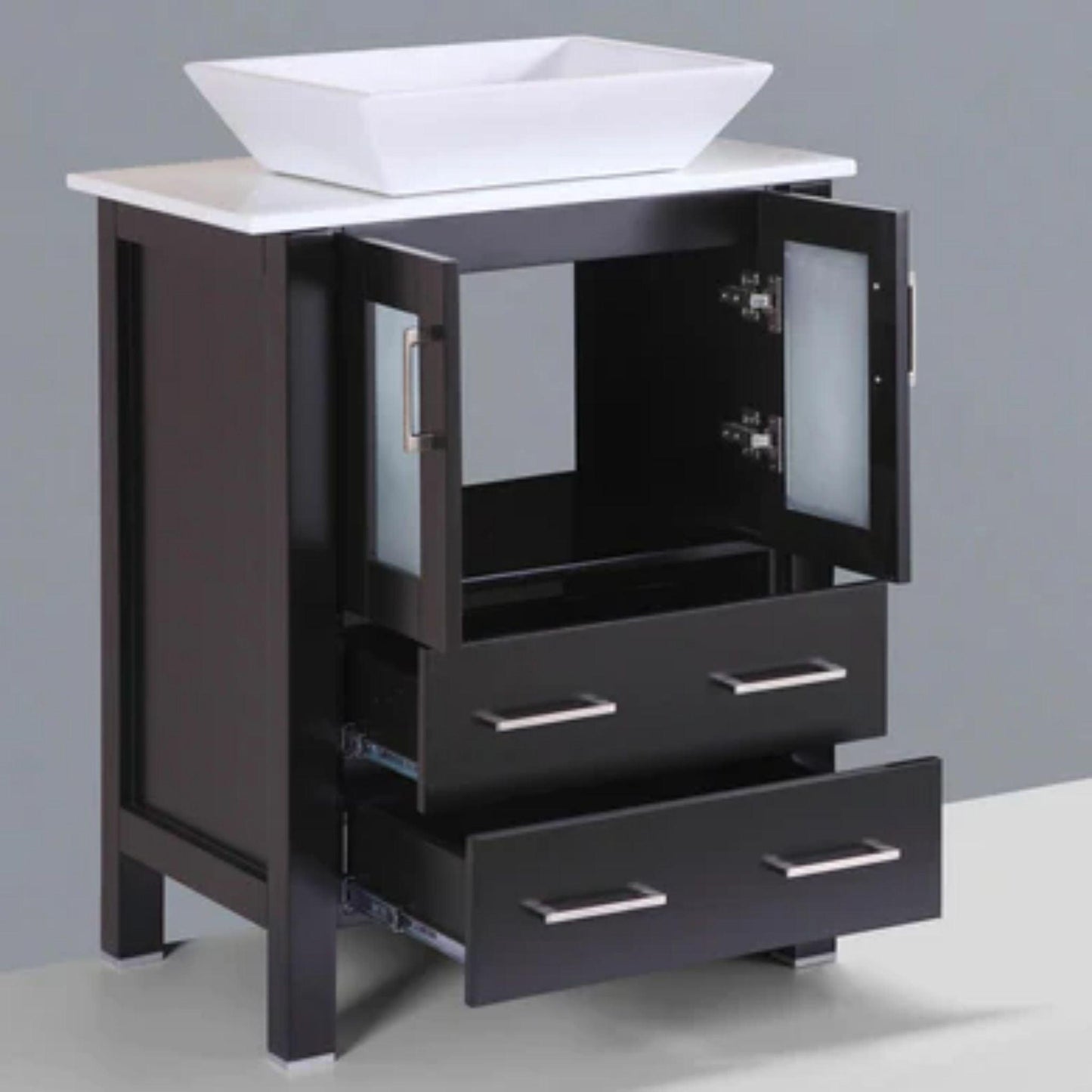 LessCare 36" Espresso Modern Vanity Sink Base with Mirror and Vessel Sink