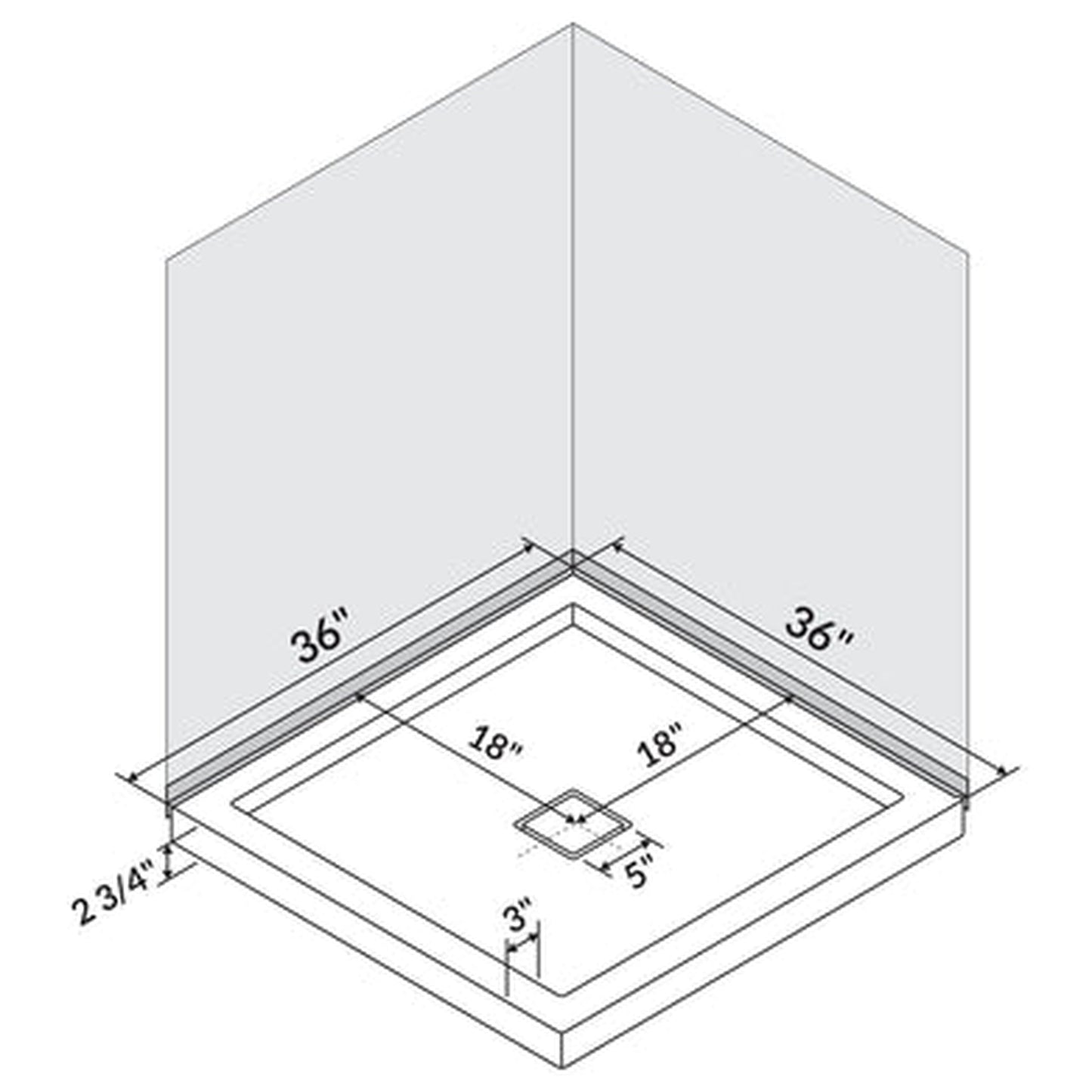 LessCare 36" x 36" Left Double Threshold Shower Pan Base Wall Corner Center Drain