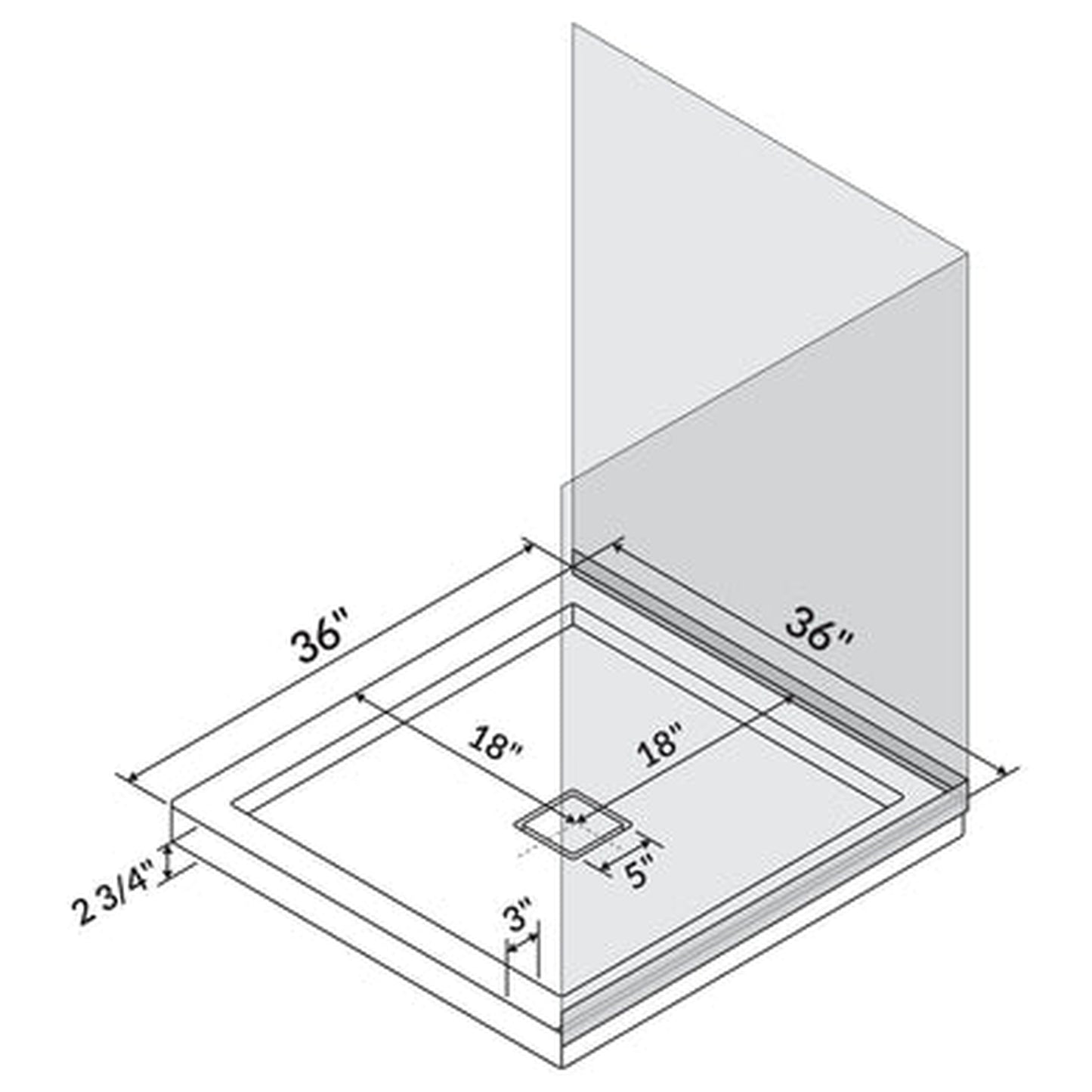 LessCare 36" x 36" Right Double Threshold Shower Pan Base Wall Corner Center Drain