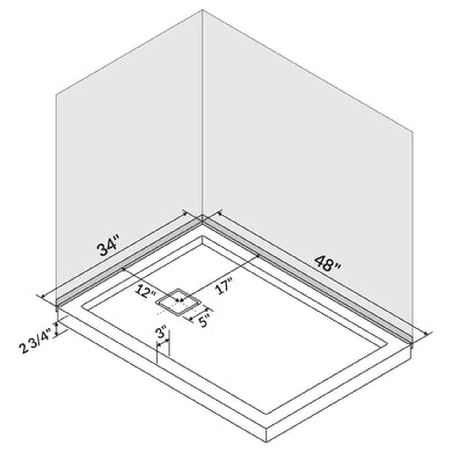 LessCare 48" x 34" Right Double Threshold Shower Pan Base Wall Corner Left Drain