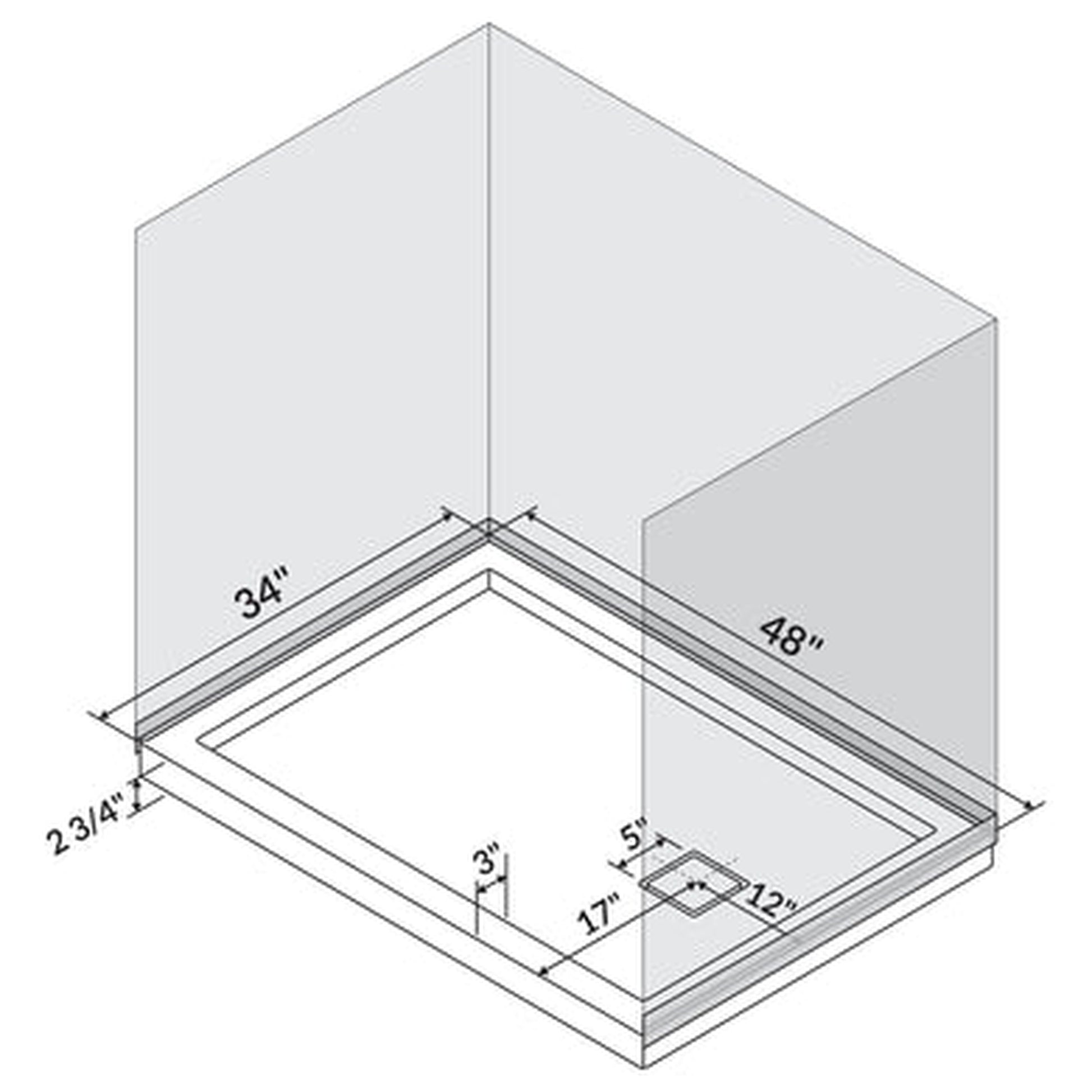 LessCare 48" x 34" Right Double Threshold Shower Pan Base Wall Corner Left Drain