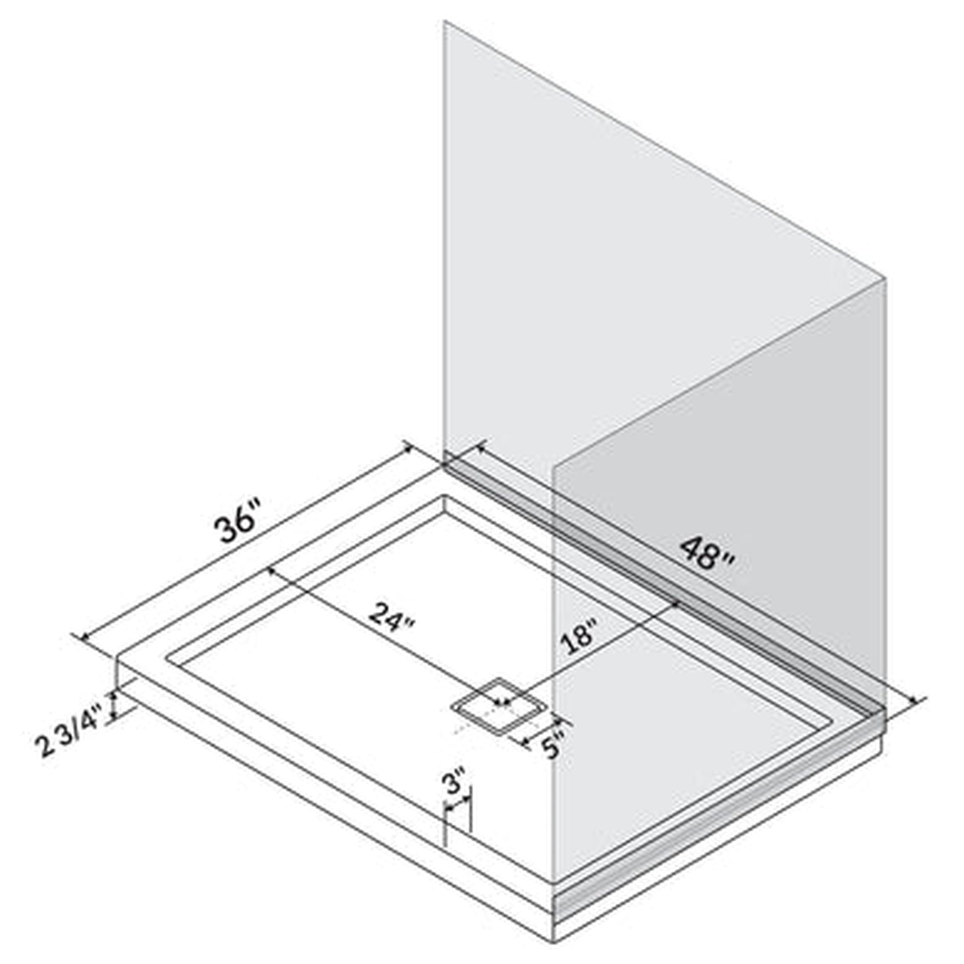 LessCare 48" x 36" Left Double Threshold Shower Pan Base Wall Corner Center Drain