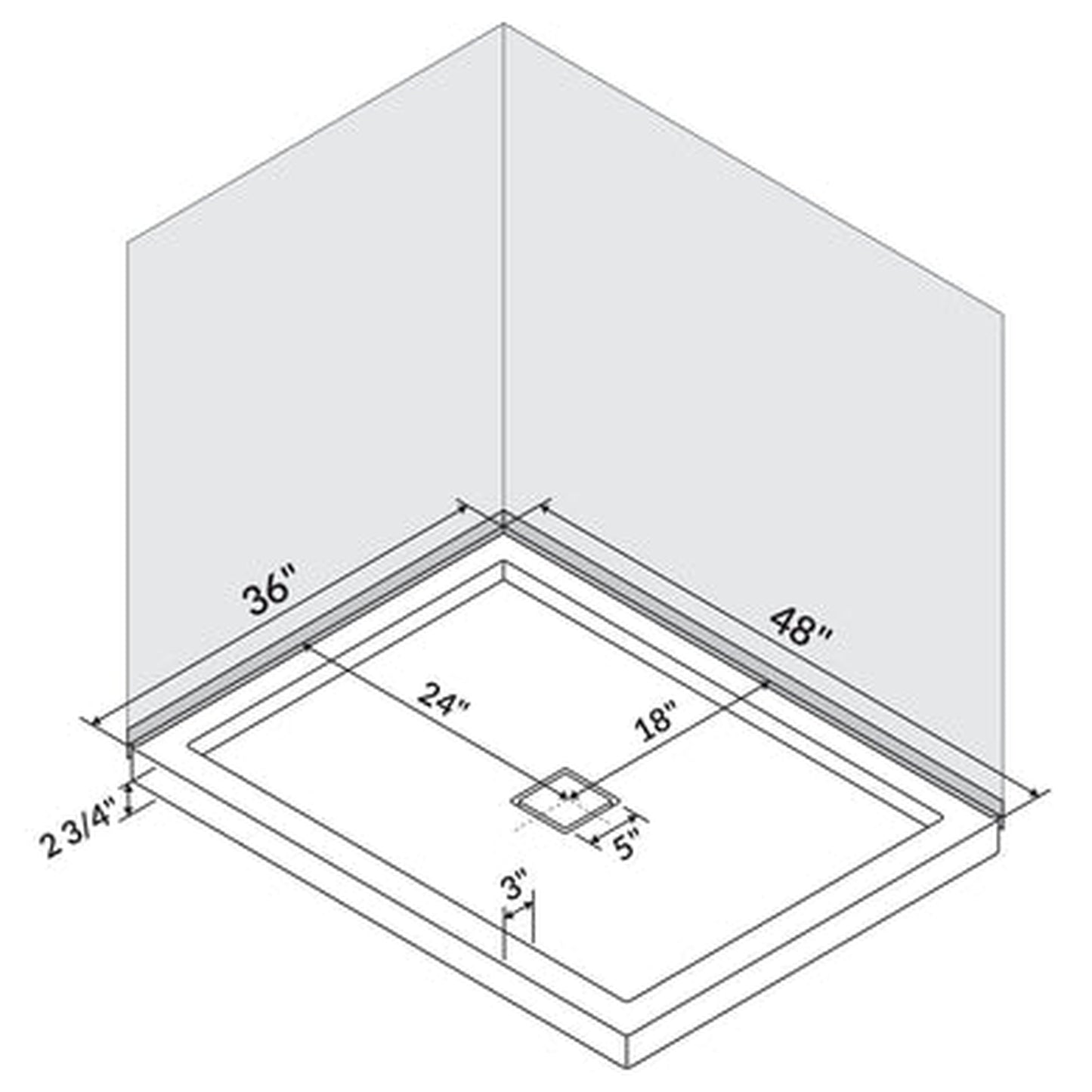LessCare 48" x 36" Right Double Threshold Shower Pan Base Wall Corner Center Drain