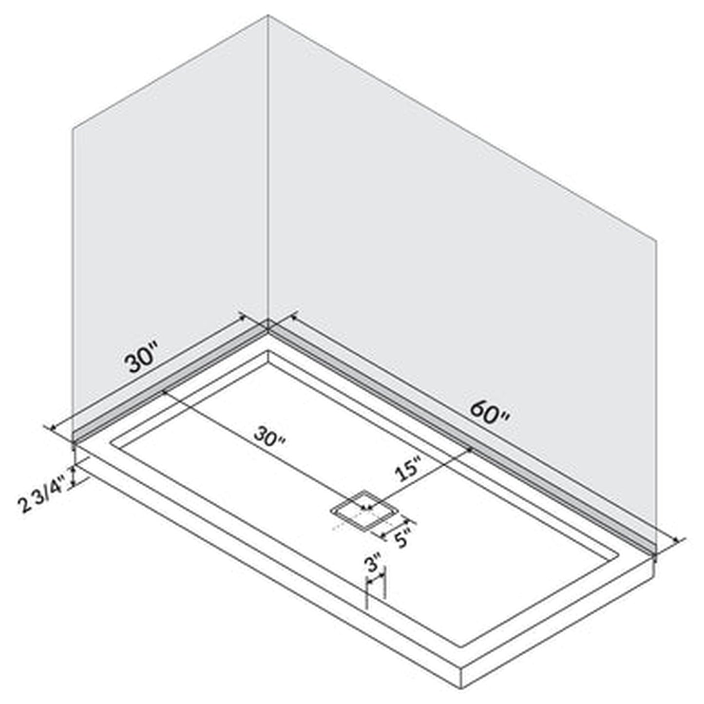LessCare 60" x 30" Left Double Threshold Shower Pan Base Wall Corner Center Drain