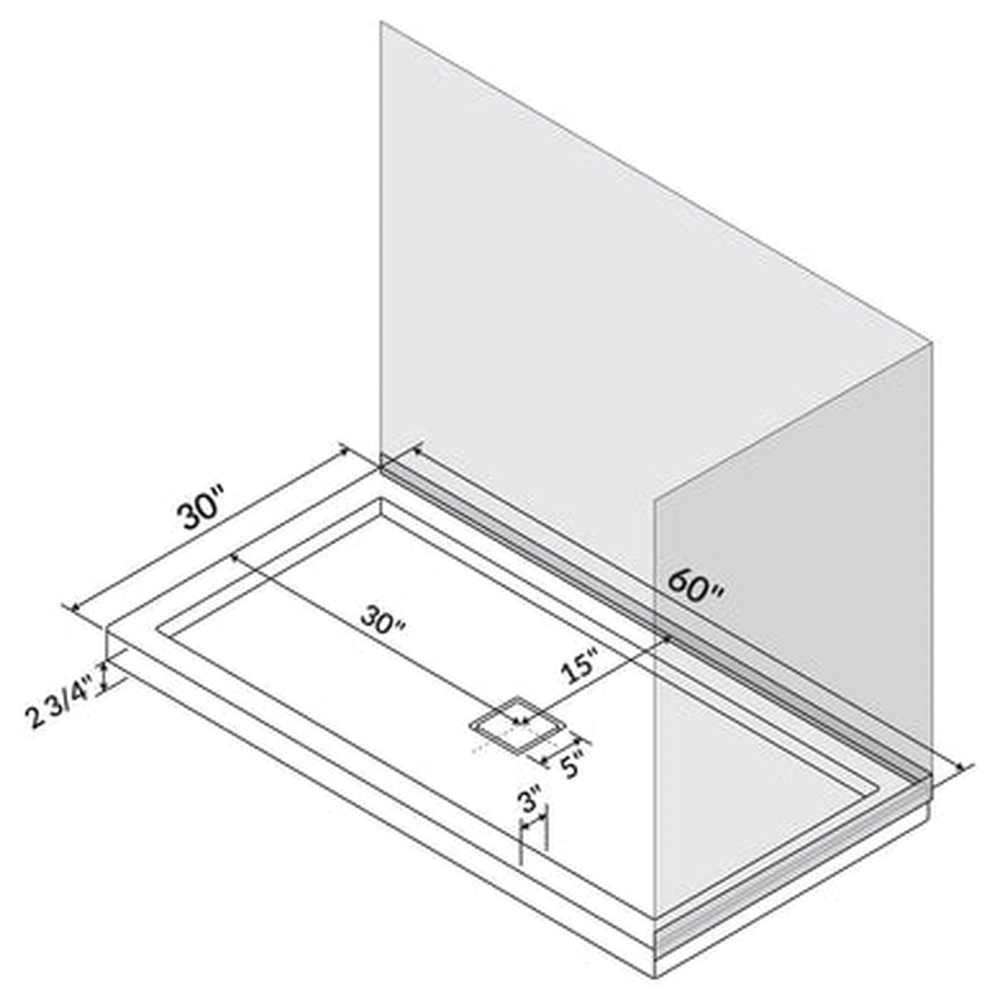 LessCare 60" x 30" Left Double Threshold Shower Pan Base Wall Corner Center Drain
