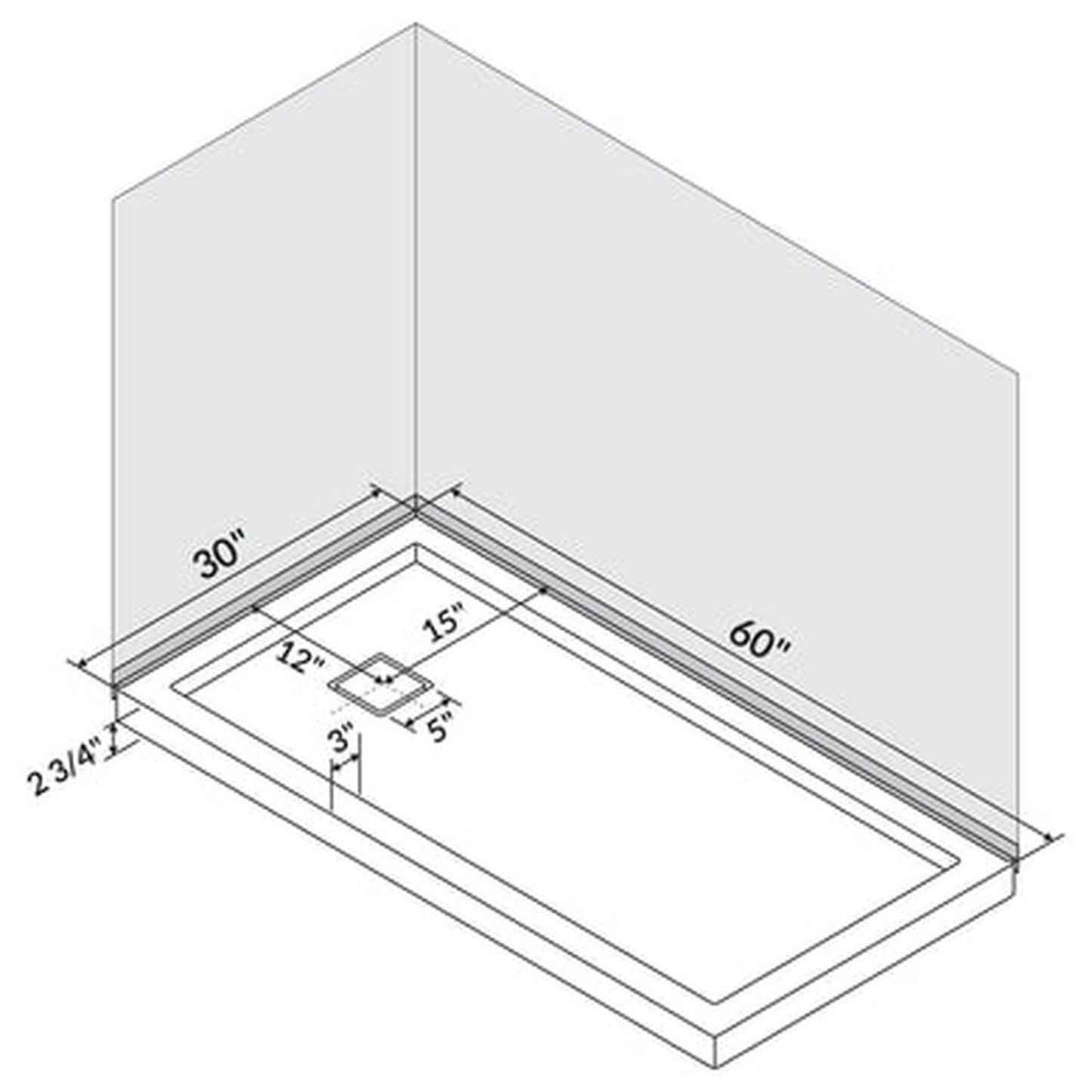 LessCare 60" x 30" Single Threshold Shower Pan Base Alcove Right Drain