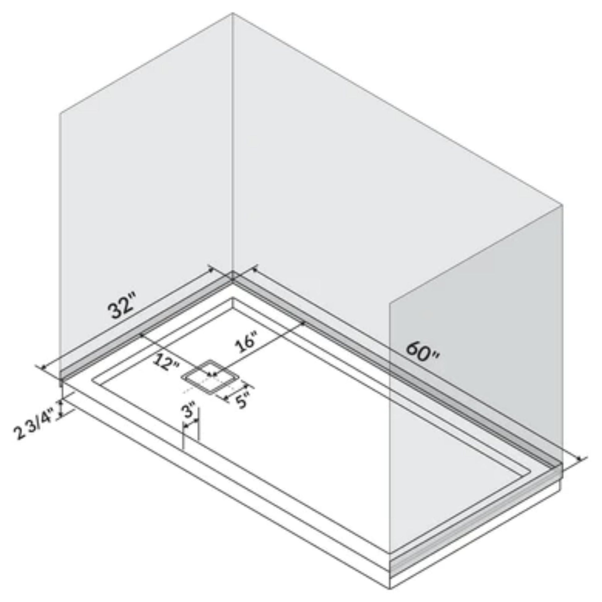 LessCare 60" x 32" Left Double Threshold Shower Pan Base Wall Corner Right Drain