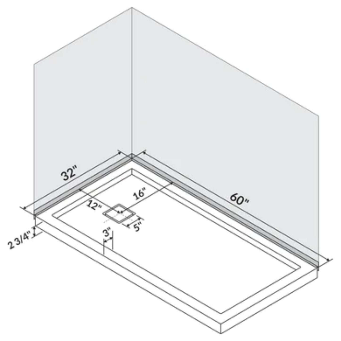 LessCare 60" x 32" Left Double Threshold Shower Pan Base Wall Corner Right Drain