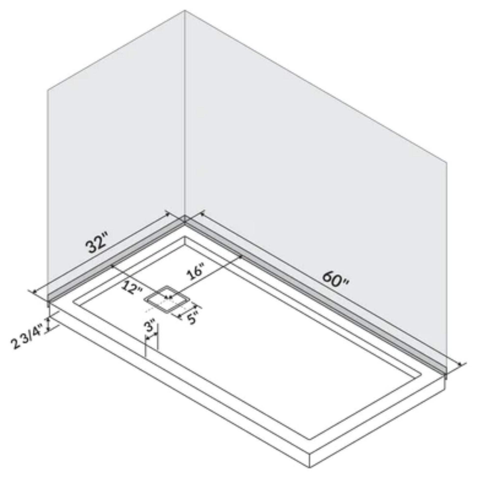 LessCare 60" x 32" Left Double Threshold Shower Pan Base Wall Corner Right Drain