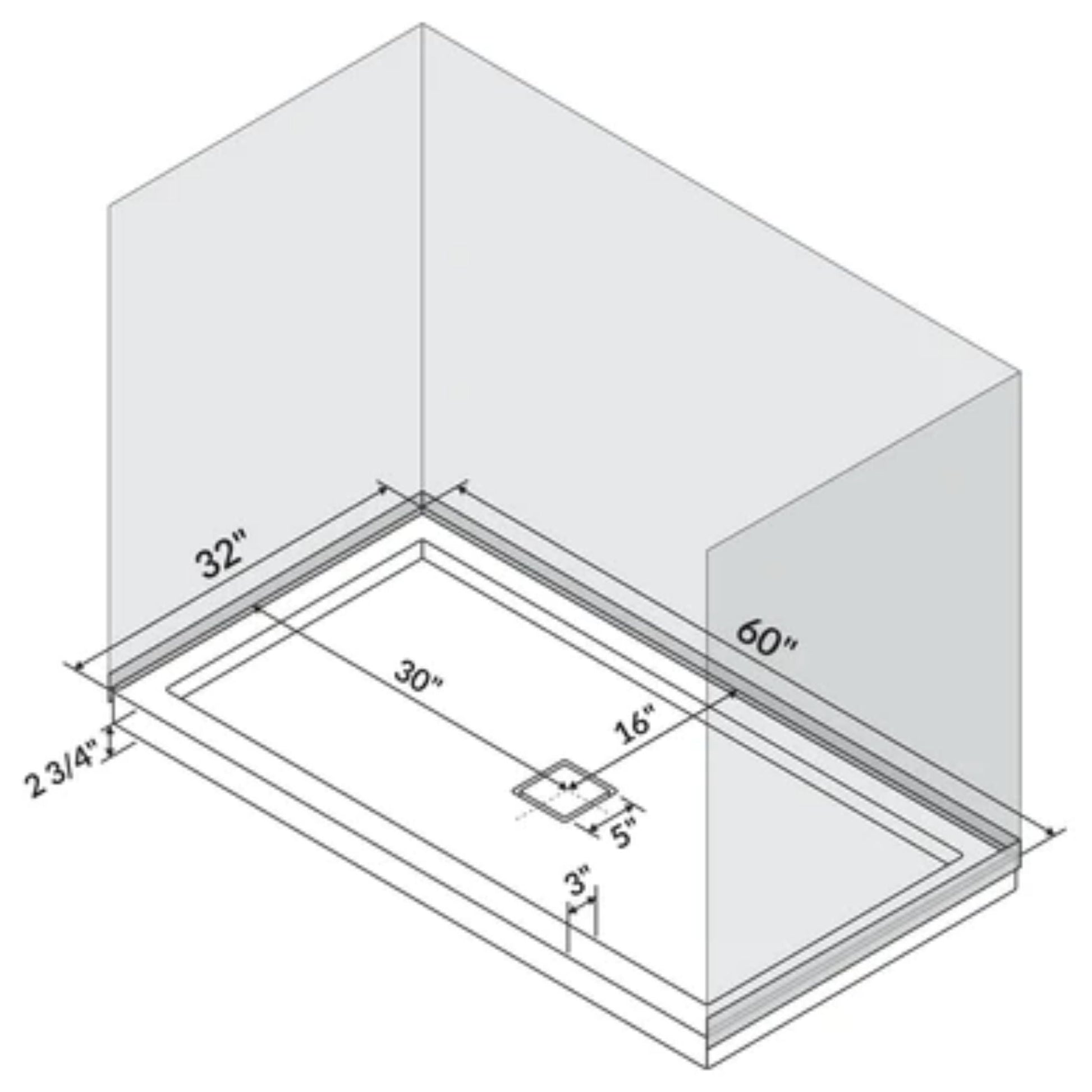 LessCare 60" x 32" Right Double Threshold Shower Pan Base Wall Corner Center Drain