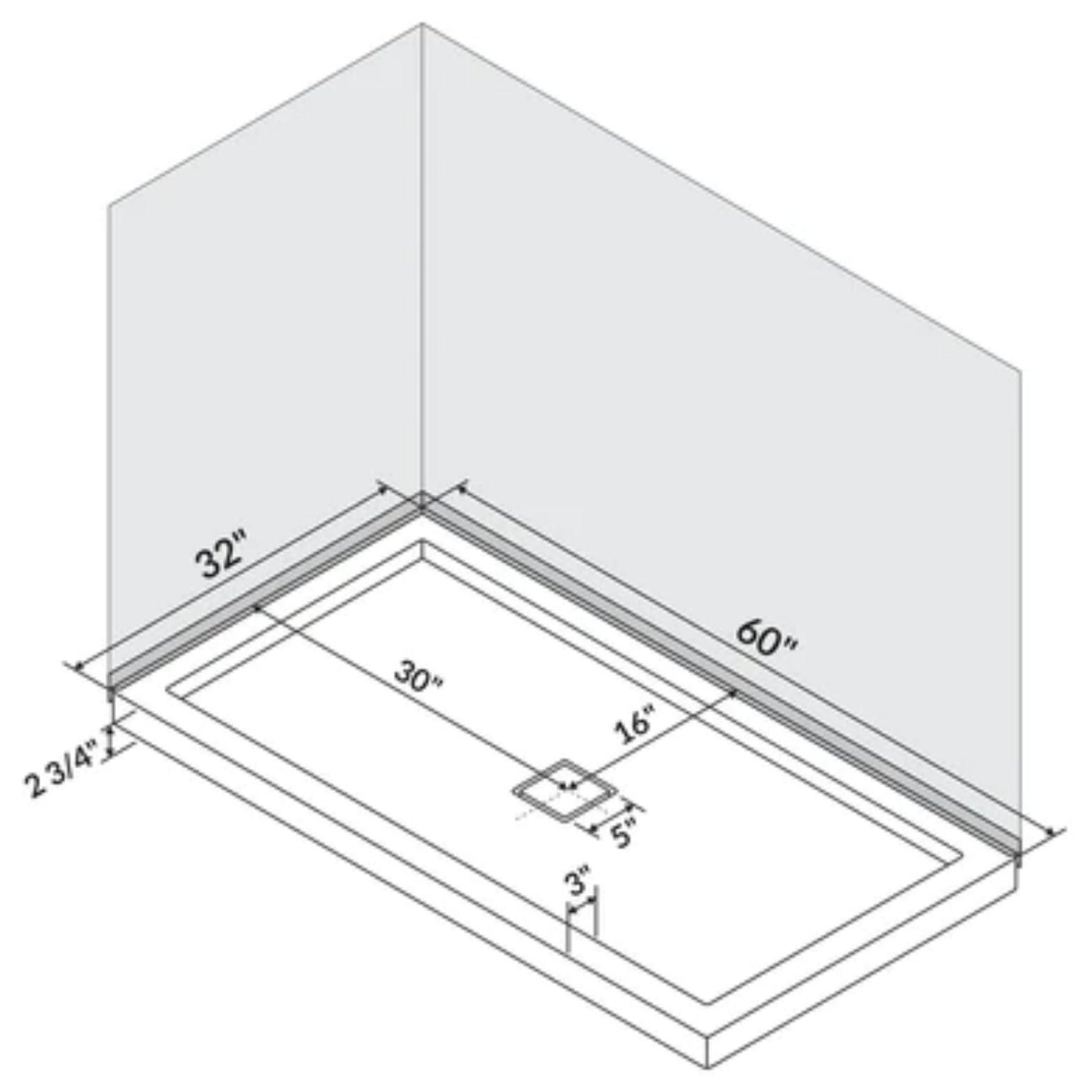 LessCare 60" x 32" Single/Double Threshold Shower Base Pan Center Drain