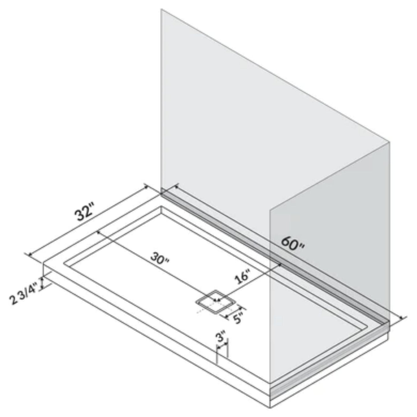 LessCare 60" x 32" Single/Double Threshold Shower Base Pan Center Drain