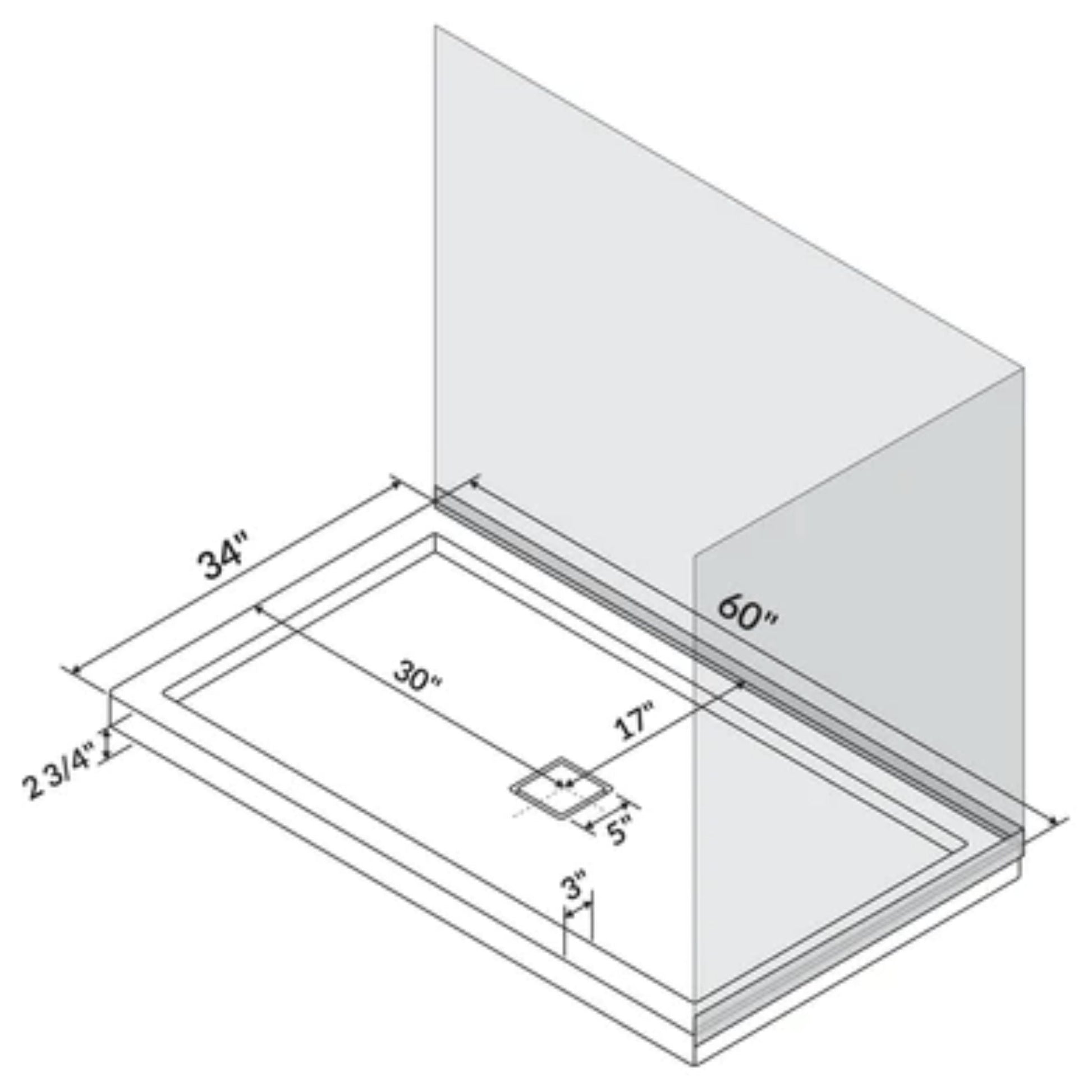 LessCare 60" x 34" Left Double Threshold Shower Pan Base Wall Corner Center Drain