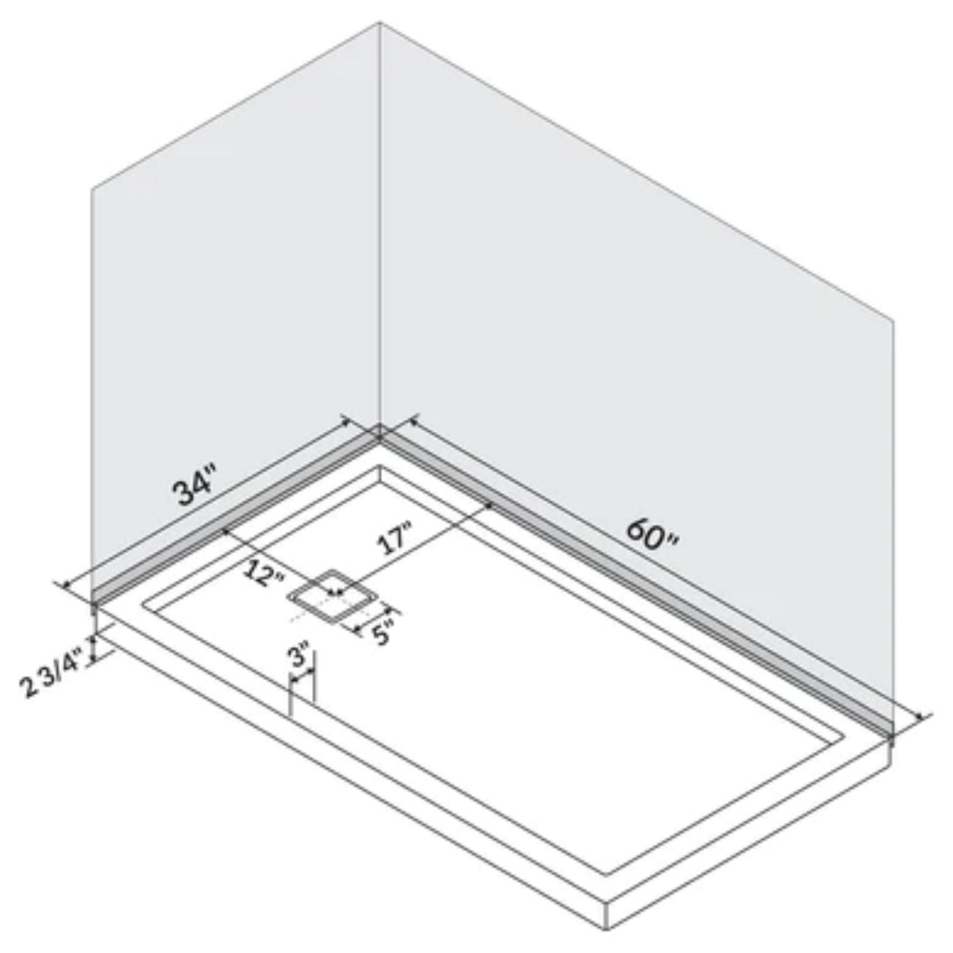 LessCare 60" x 34" Left Double Threshold Shower Pan Base Wall Corner Right Drain