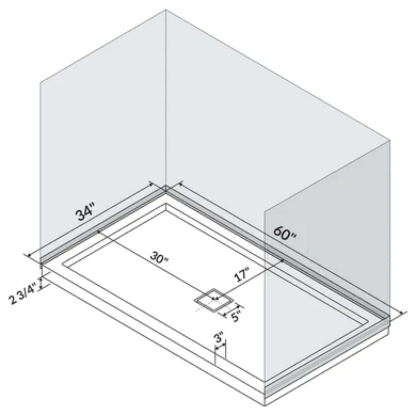 LessCare 60" x 34" Right Double Threshold Shower Pan Base Wall Corner Center Drain