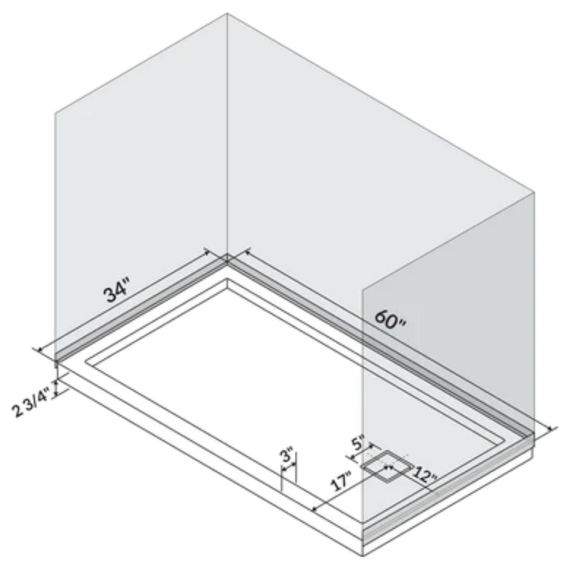 LessCare 60" x 34" Right Double Threshold Shower Pan Base Wall Corner Left Drain