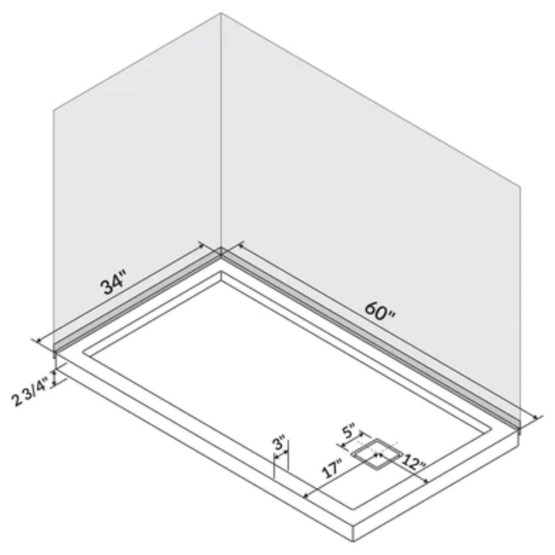 LessCare 60" x 34" Right Double Threshold Shower Pan Base Wall Corner Right Drain