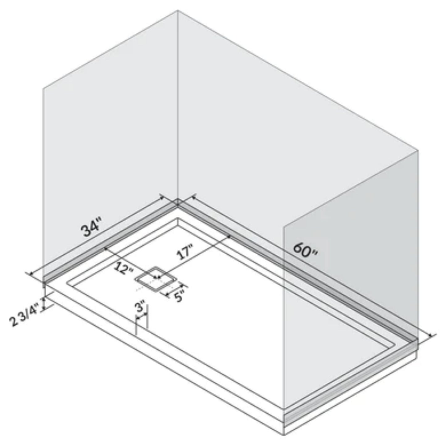 LessCare 60" x 34" Single Threshold Shower Pan Base Alcove Left Drain