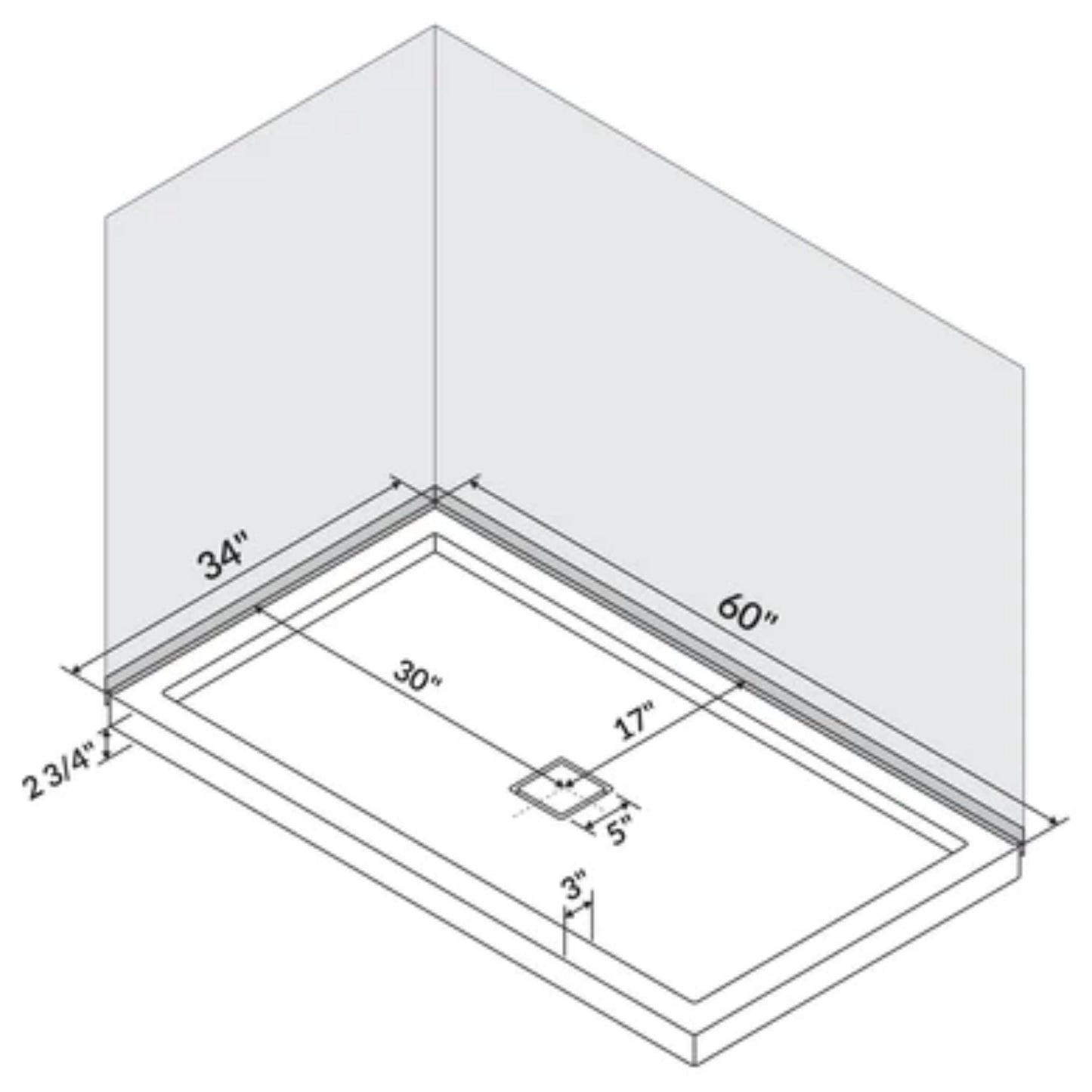 LessCare 60" x 34" Single/Double Threshold Shower Base Pan Center Drain