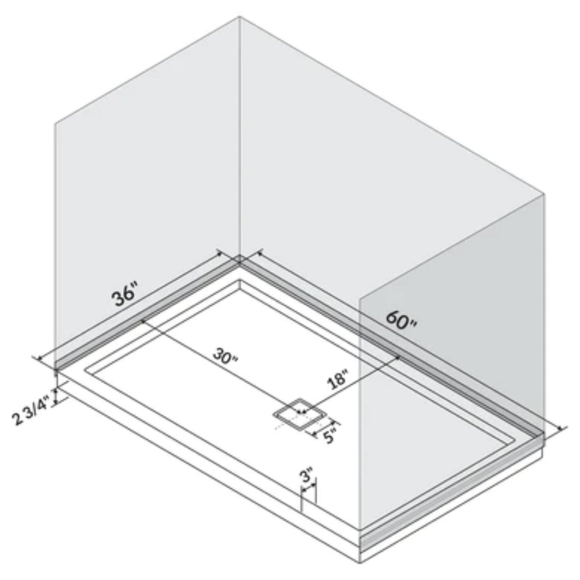 LessCare 60" x 36" Left Double Threshold Shower Pan Base Wall Corner Center Drain