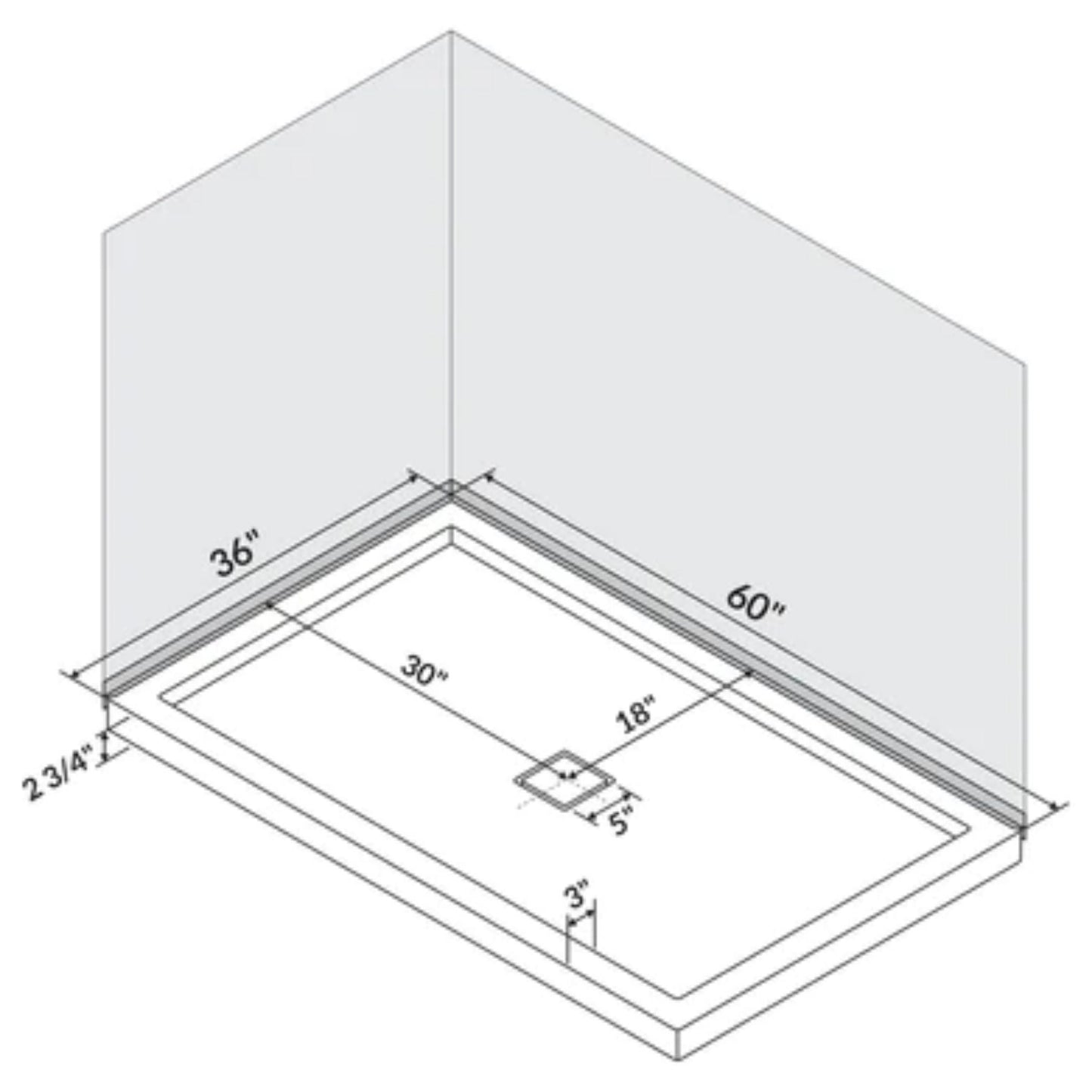 LessCare 60" x 36" Left Double Threshold Shower Pan Base Wall Corner Center Drain