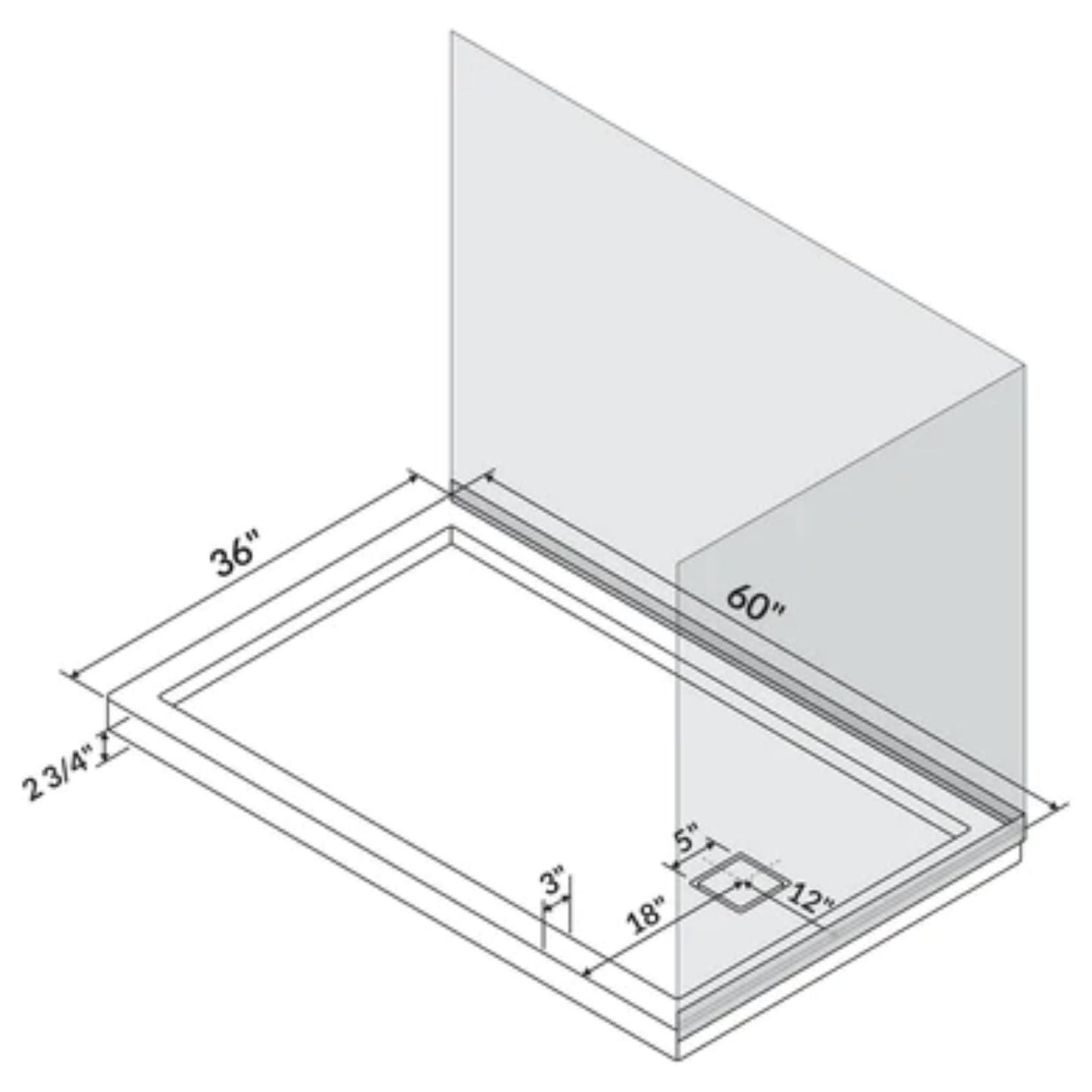 LessCare 60" x 36" Left Double Threshold Shower Pan Base Wall Corner Left Drain
