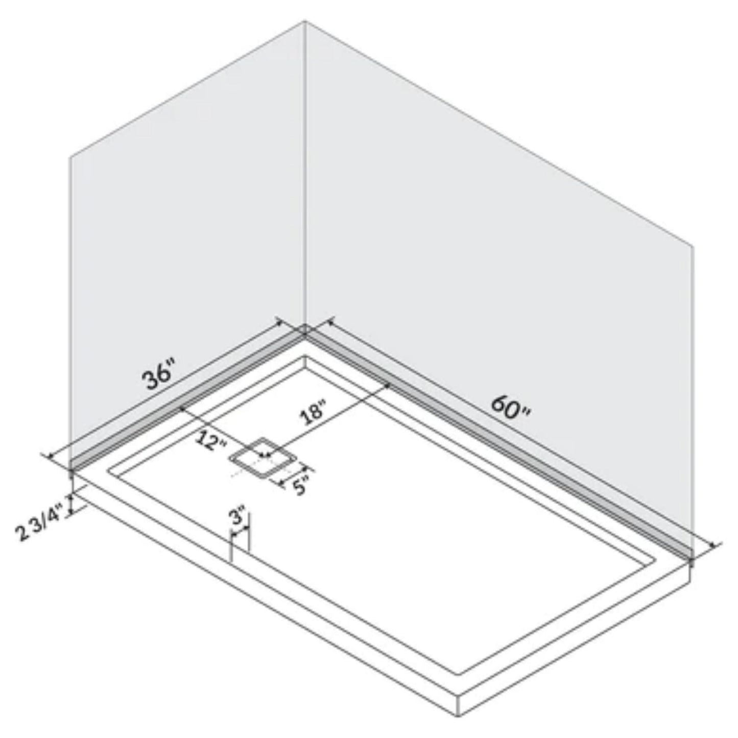 LessCare 60" x 36" Left Double Threshold Shower Pan Base Wall Corner Left Drain