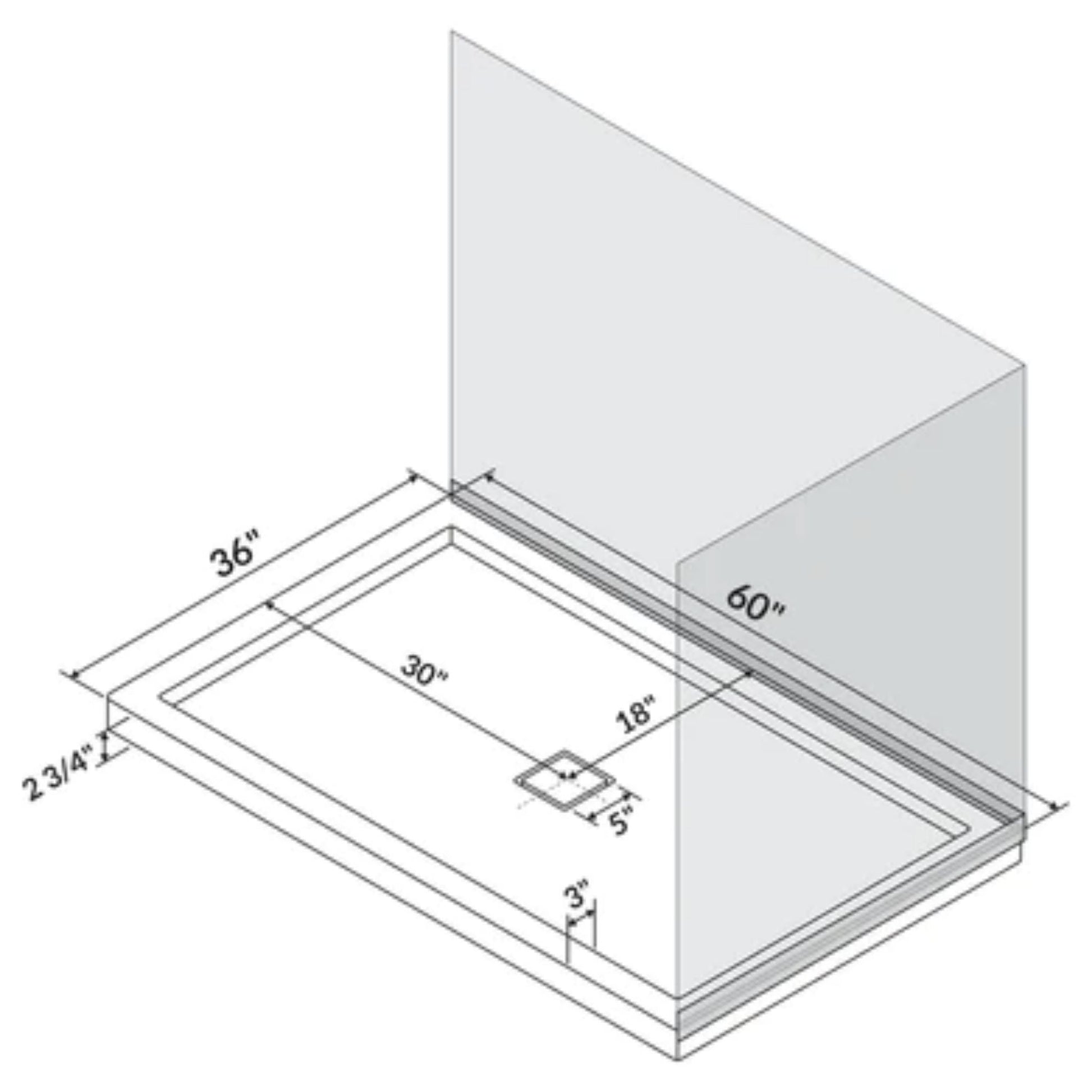 LessCare 60" x 36" Right Double Threshold Shower Pan Base Wall Corner Center Drain