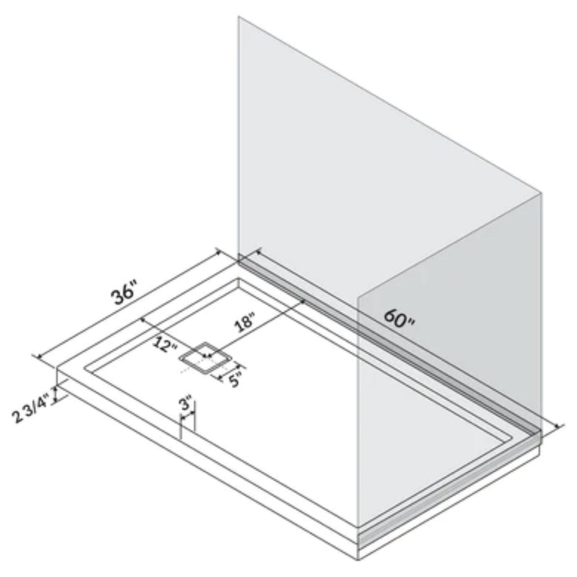 LessCare 60" x 36" Right Double Threshold Shower Pan Base Wall Corner Right Drain