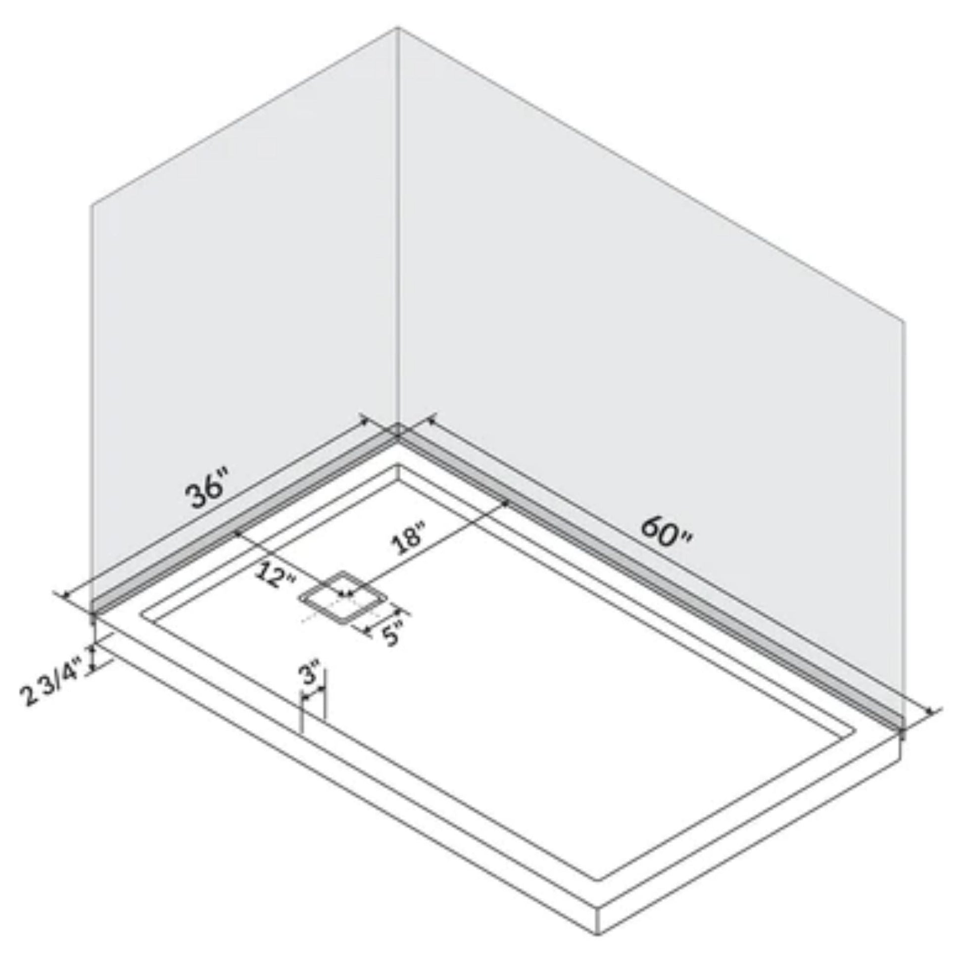 LessCare 60" x 36" Single Threshold Shower Pan Base Alcove Right Drain