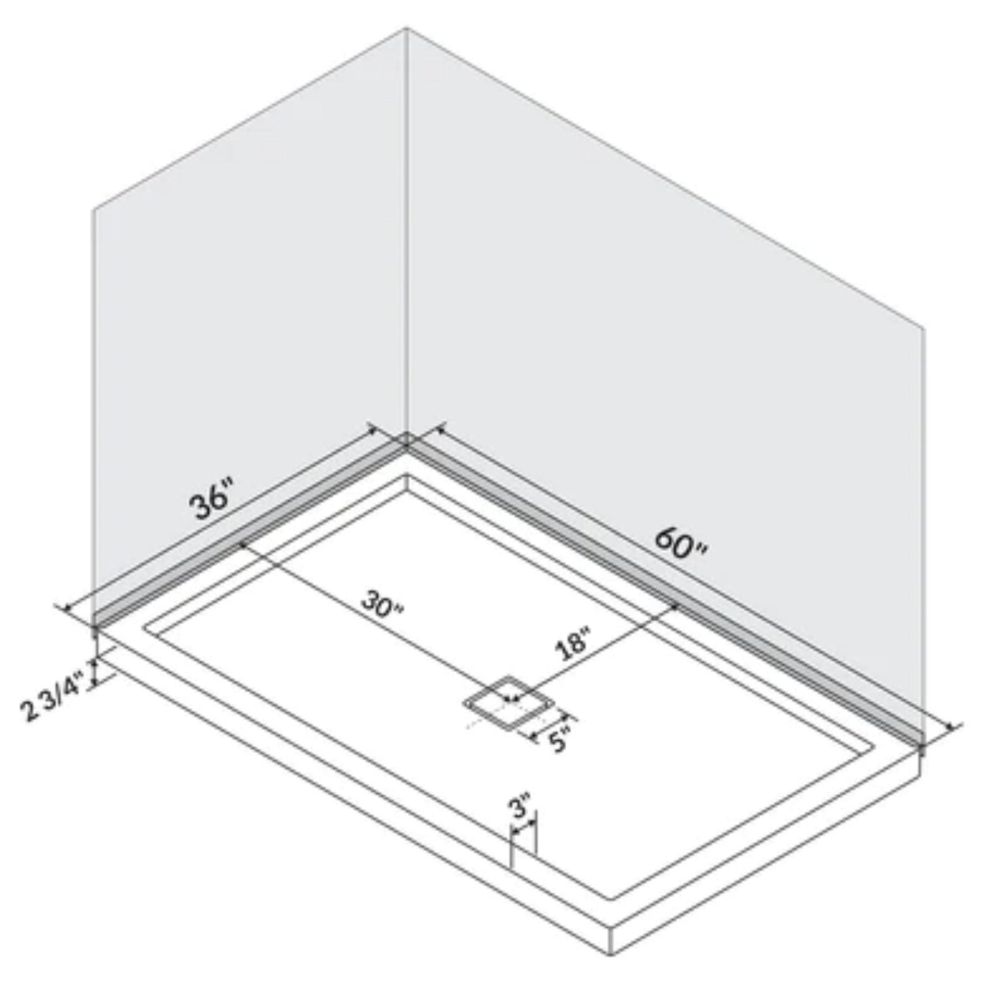 LessCare 60" x 36" Single/Double Threshold Shower Base Pan Center Drain