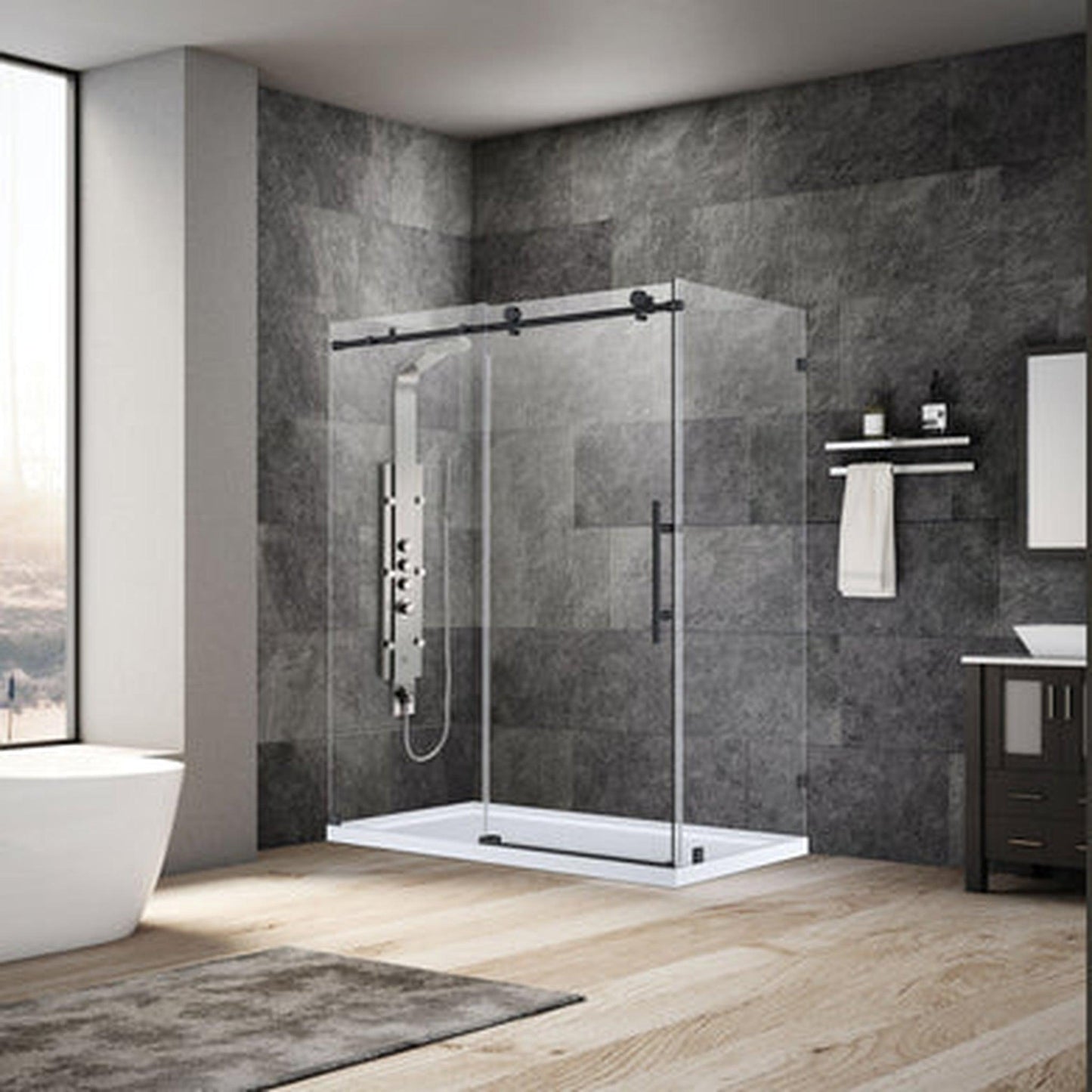 LessCare Ultra-C 56-60" x 76" x 34 1/2" Matte Black Sliding Shower Enclosure