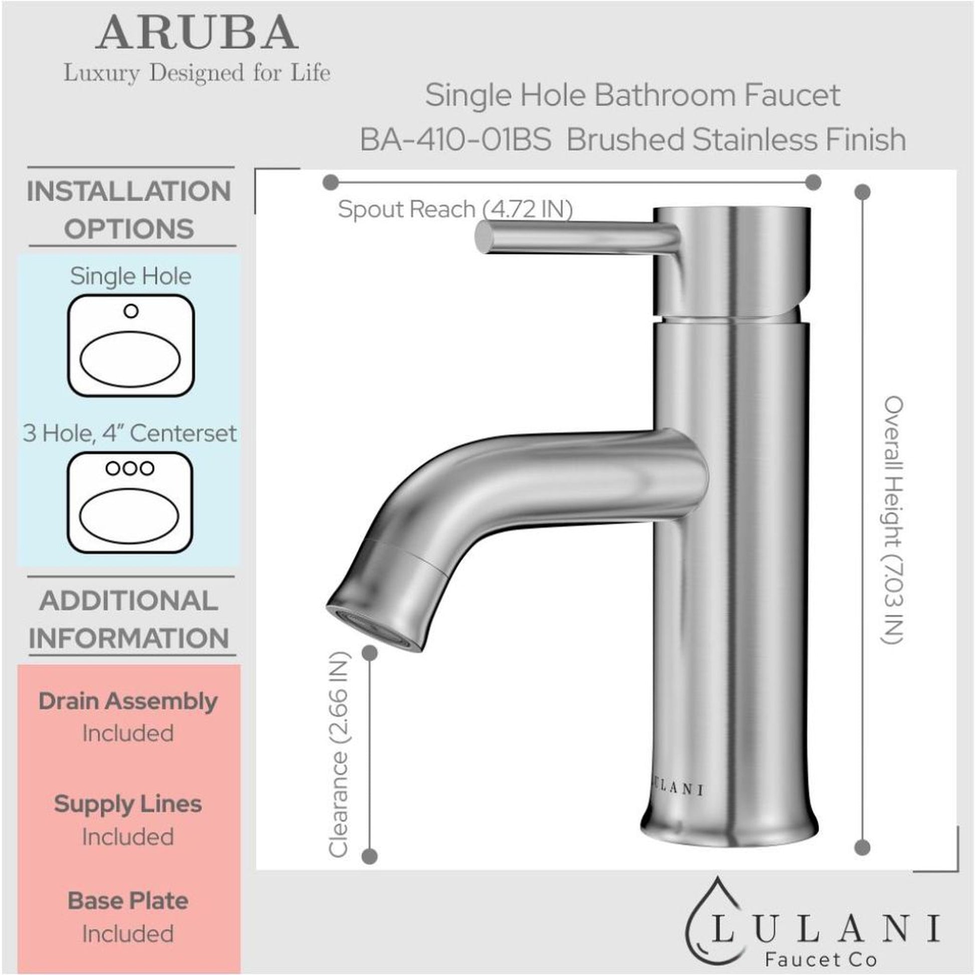 Lulani Aruba Brushed Stainless Steel 1.2 GPM Single Hole Faucet With Drain Assembly