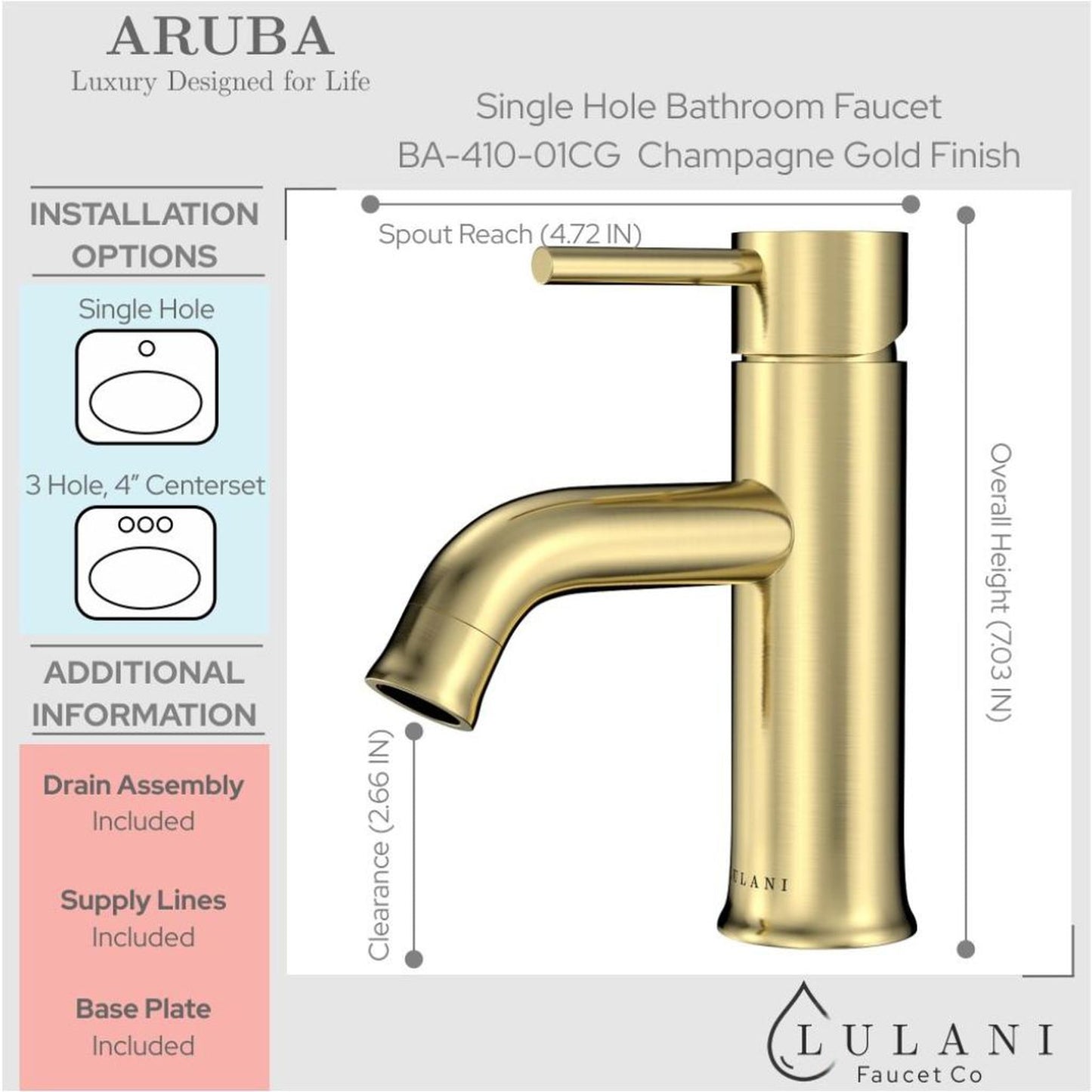 Lulani Aruba Champagne Gold 1.2 GPM Stainless Steel Construction Single Hole Faucet With Drain Assembly