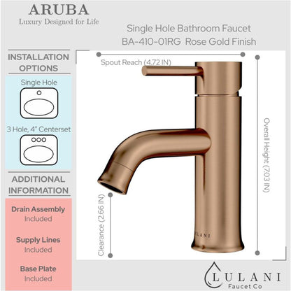 Lulani Aruba Rose Gold 1.2 GPM Stainless Steel Construction Single Hole Faucet With Drain Assembly