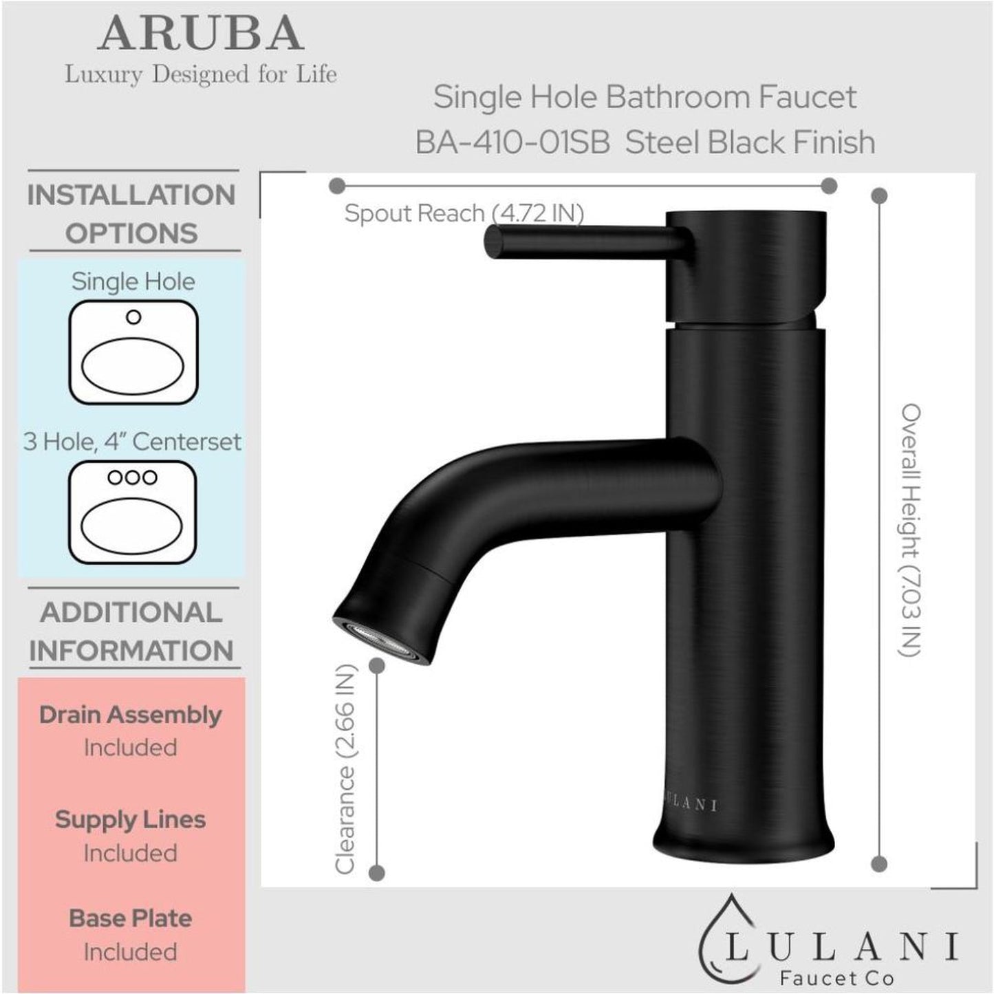 Lulani Aruba Steel Black 1.2 GPM Stainless Steel Construction Single Hole Steel Faucetm With Drain Assembly