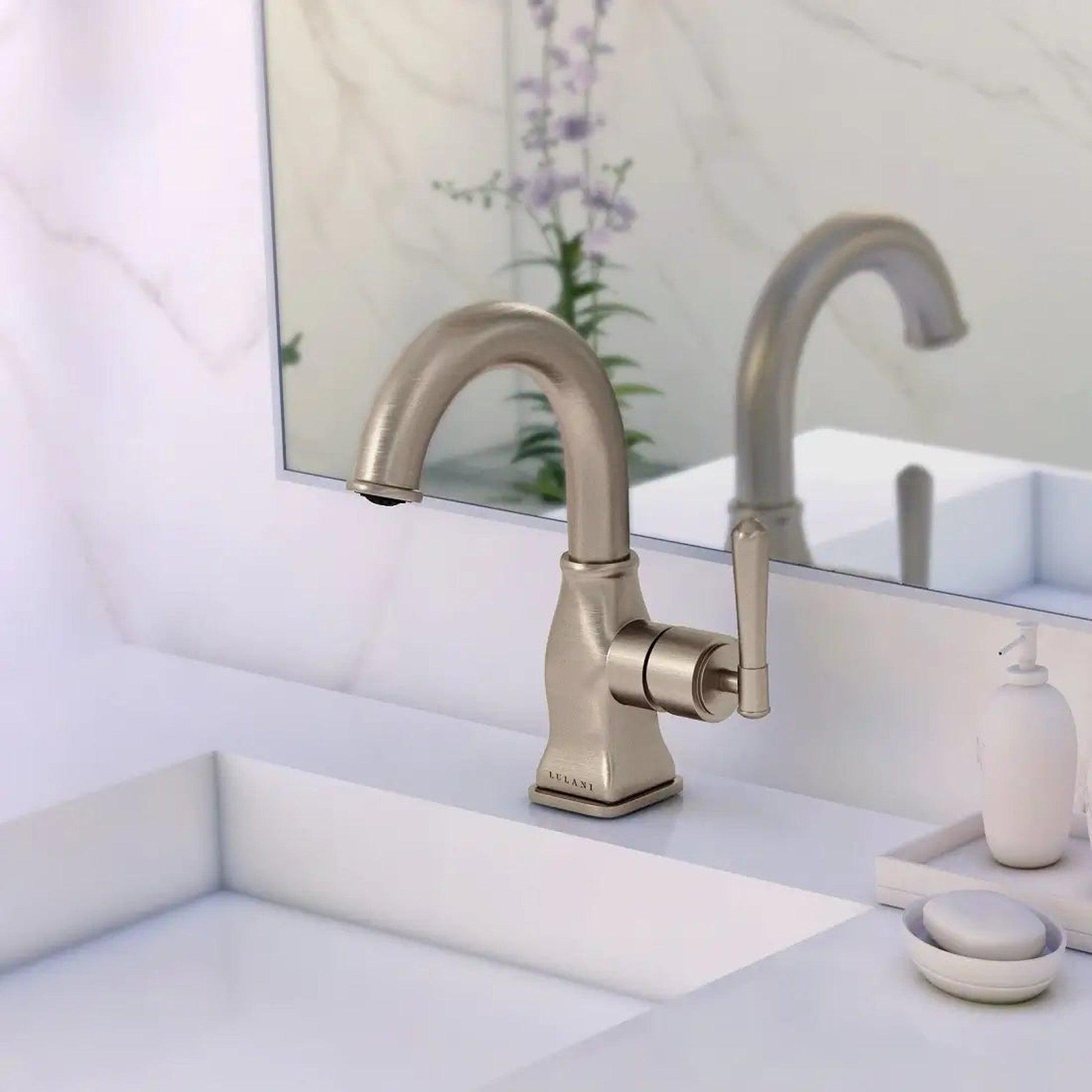 Lulani Aurora Brushed Nickel 1.2 GPM Single Hole 1-Handle Brass Faucet With Drain Assembly