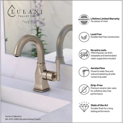 Lulani Aurora Brushed Nickel 1.2 GPM Single Hole 1-Handle Brass Faucet With Drain Assembly