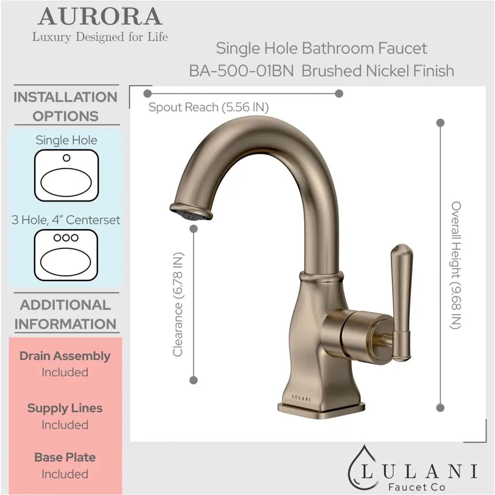 Lulani Aurora Brushed Nickel 1.2 GPM Single Hole 1-Handle Brass Faucet With Drain Assembly