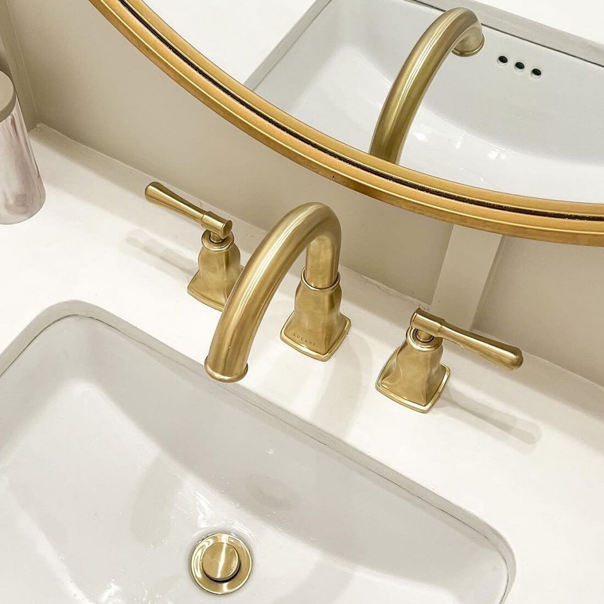 Lulani Aurora Champagne Gold 1.2 GPM Double Handle Widespread Brass Faucet With Drain Assembly