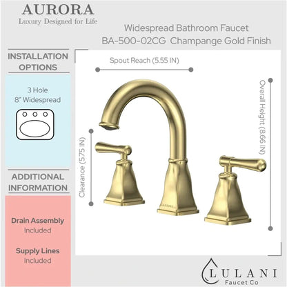 Lulani Aurora Champagne Gold 1.2 GPM Double Handle Widespread Brass Faucet With Drain Assembly