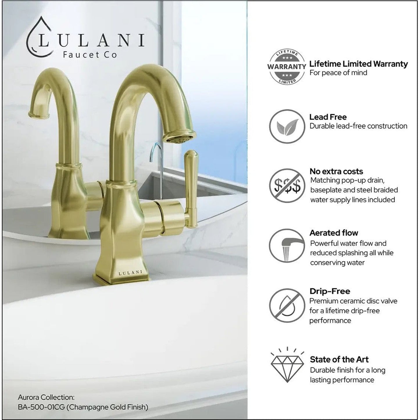 Lulani Aurora Champagne Gold 1.2 GPM Single Hole 1-Handle Brass Faucet With Drain Assembly