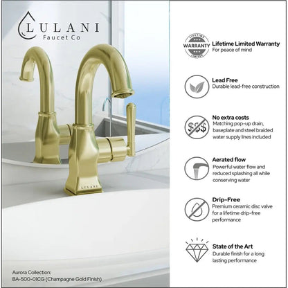 Lulani Aurora Champagne Gold 1.2 GPM Single Hole 1-Handle Brass Faucet With Drain Assembly