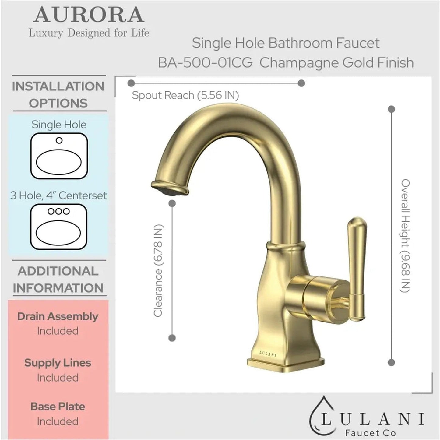 Lulani Aurora Champagne Gold 1.2 GPM Single Hole 1-Handle Brass Faucet With Drain Assembly