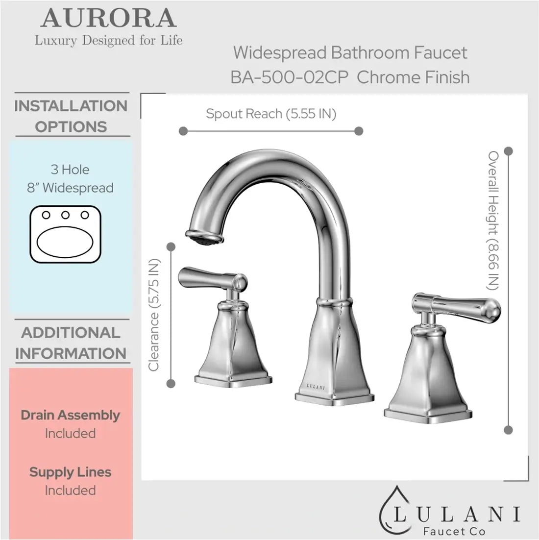 Lulani Aurora Chrome 1.2 GPM Double Handle Widespread Brass Faucet With Drain Assembly
