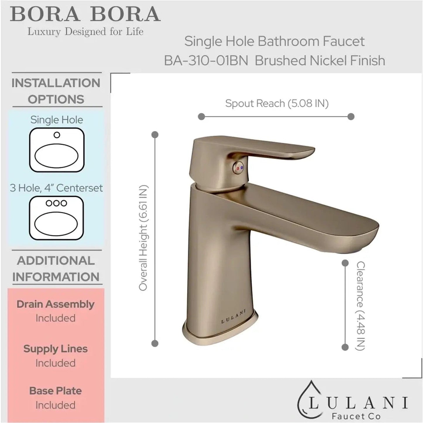 Lulani Bora Bora 1.2 GPM Brushed Nickel Lead Free Brass Single Hole Faucet With Drain Assembly